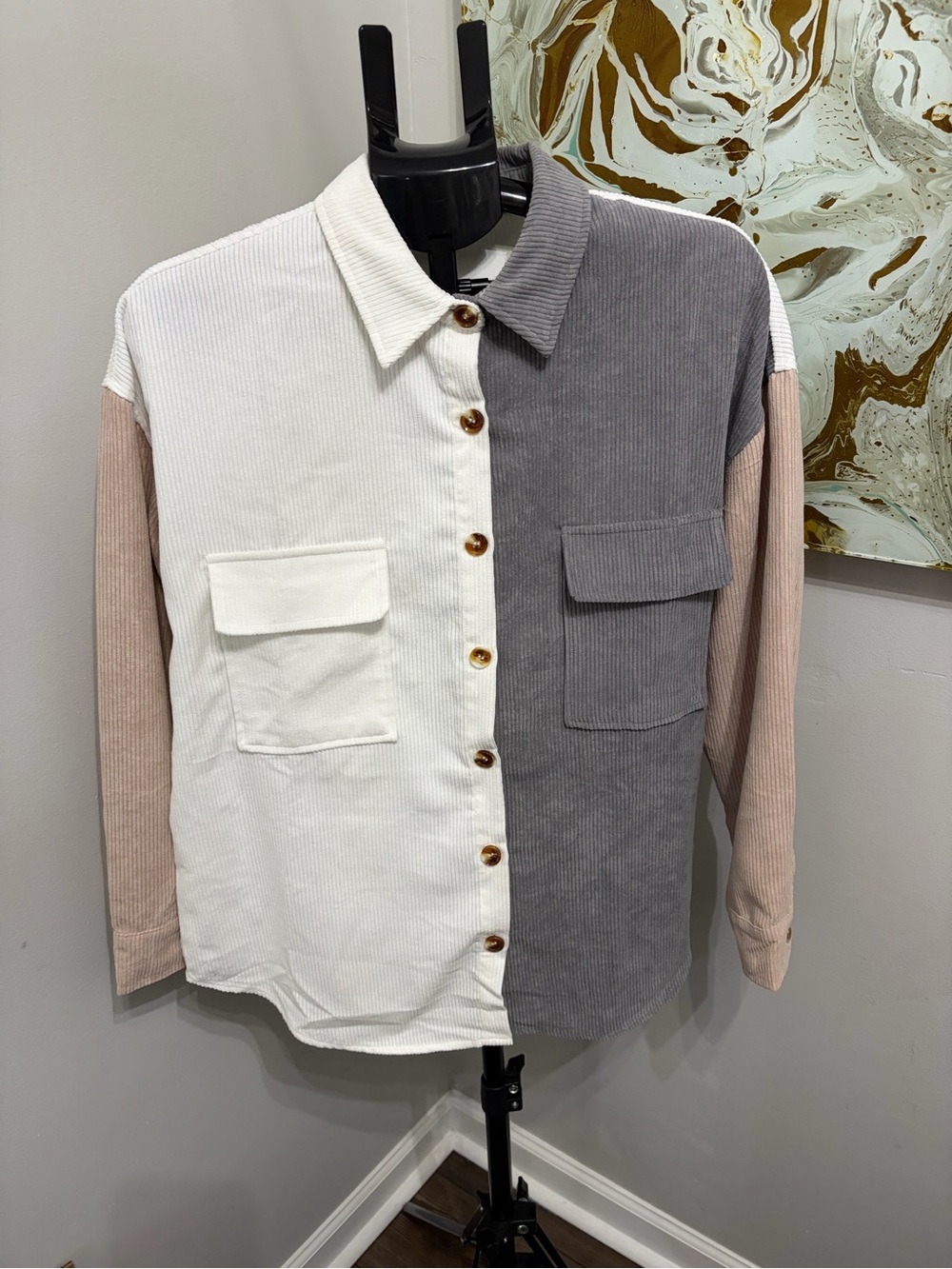 Boutique Oversized Colorblock Corduroy Shacket Shirt Jacket L